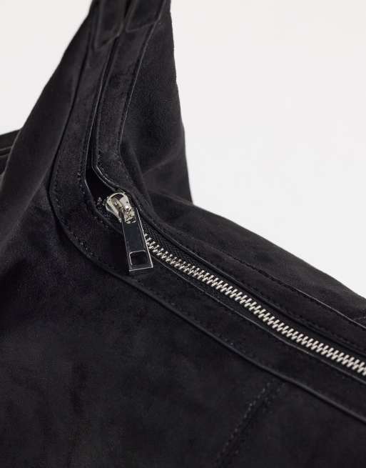 Topshop Saskia large suedette shoulder bag in black, 2 of 4