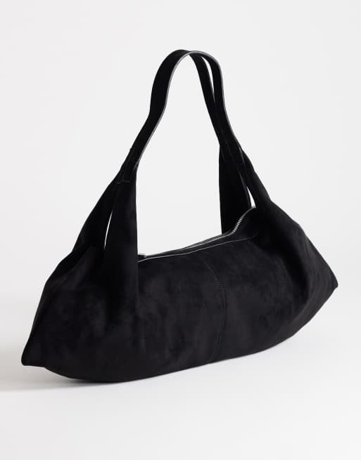 Topshop Saskia large suedette shoulder bag in black, 3 of 4