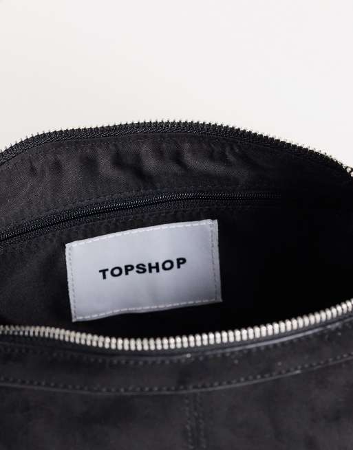 Topshop Saskia large suedette shoulder bag in black, 4 of 4