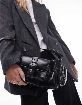 Topshop Saskia Pocket Shoulder Bag In Black In Black