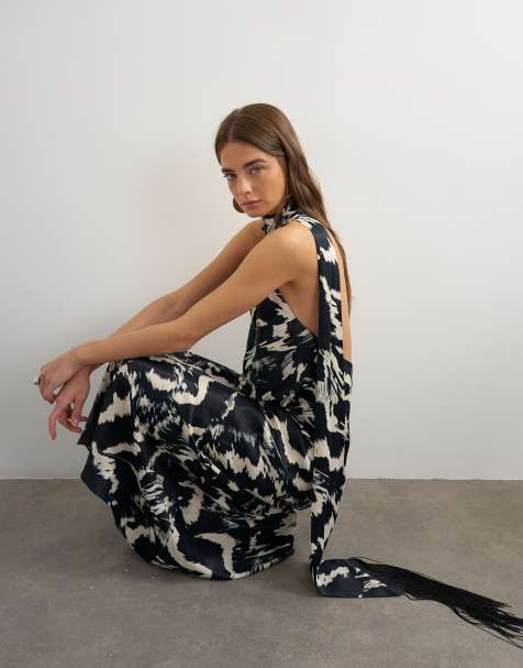 Topshop satijnen asymmetrische halternek maxi jurk met sjaal met franjes en dierenprint - view 1
