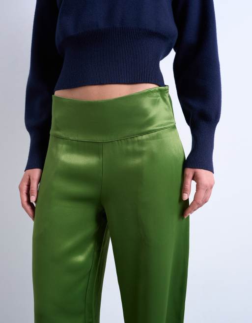 Topshop - Satijnen broek met lage taille in groen, 4 van 5