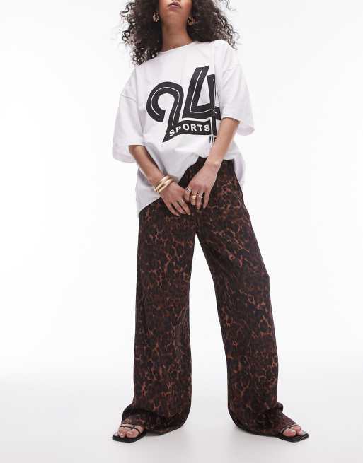 Topshop - Satijnen broek met rechte pijpen en gestrikte taille in donkere luipaardprint