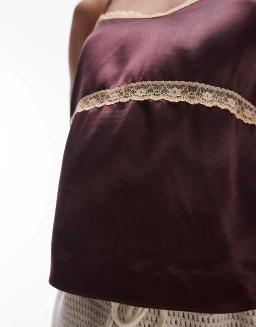 Topshop - Satijnen cami in wijnrood met abrikooskleurig kant, 3 van 4