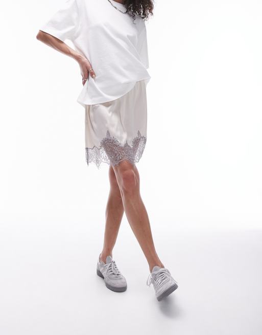 Topshop - Satijnen en kanten petticoat mini rok in oesterkleur met antracietgrijs kant
