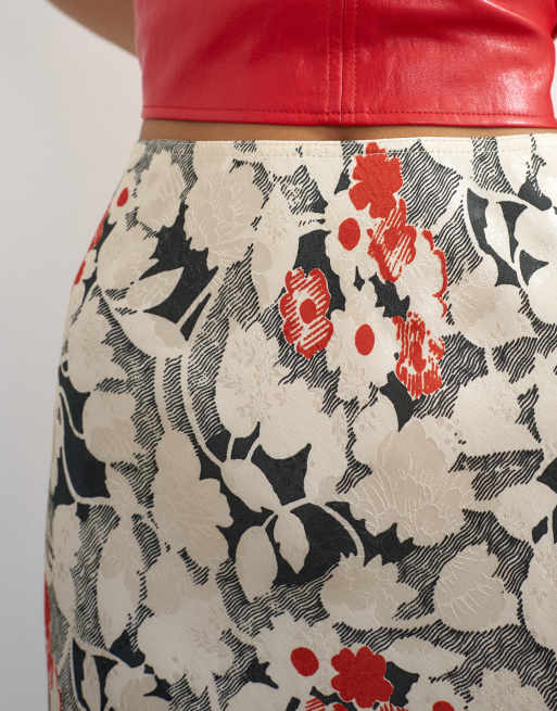 Topshop satijnen jacquard rok in 90s-lengte met monochrome bloemenprint, 5 van 5
