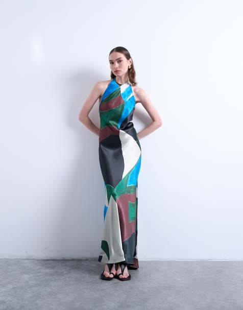 Topshop - Satijnen jurk met halternek en abstracte vormenprint - view 1