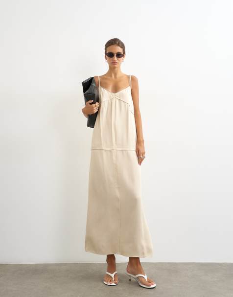 Topshop satijnen maxi-jurk met contrasterende stiksels en dubbele laag in stone en grijs - view 1