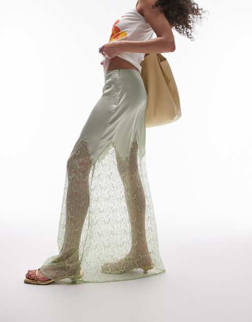 Topshop - Satijnen maxi rok met kant in zacht saliegroen