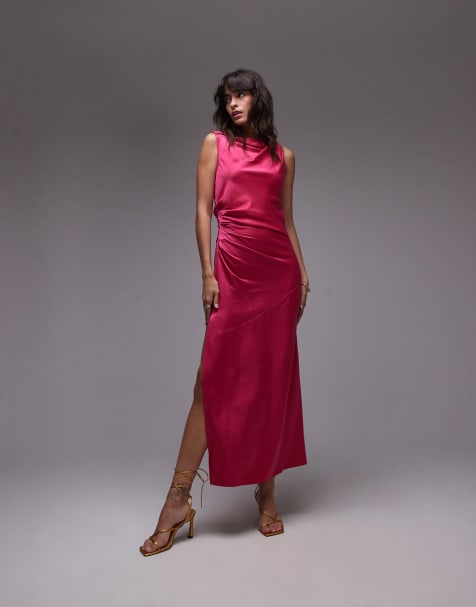 Topshop - Satijnen midi-jurk met geknoopte schouder en taille met plat gestikte plooi in roze - view 1