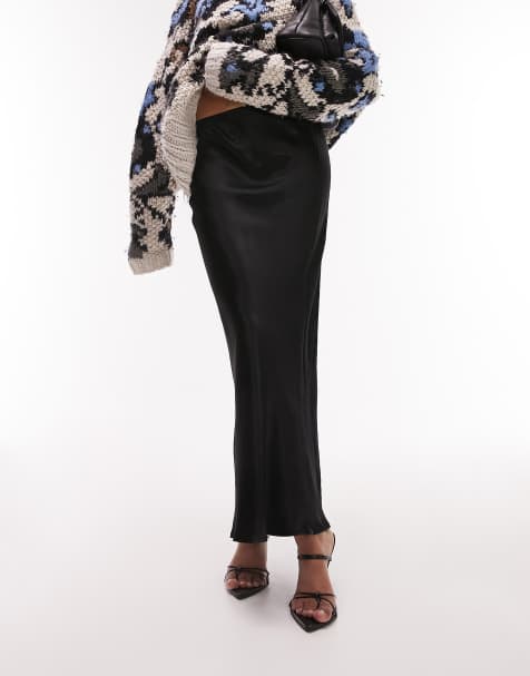 Topshop - Satijnen midirok met ongelijke zoom in zwart - view 1