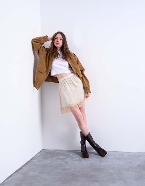 Topshop - Satijnen mini petticoat-rok met contrasterend kant in oesterkleur - view 1