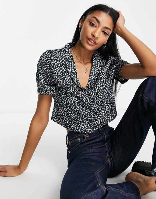 Topshop - Satijnen overhemd met korte mouwen en bloemenprint in multi