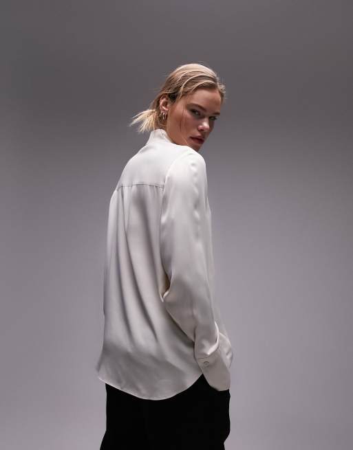Topshop - Satijnen overhemd met lange pasvorm in oesterkleur, 3 van 4
