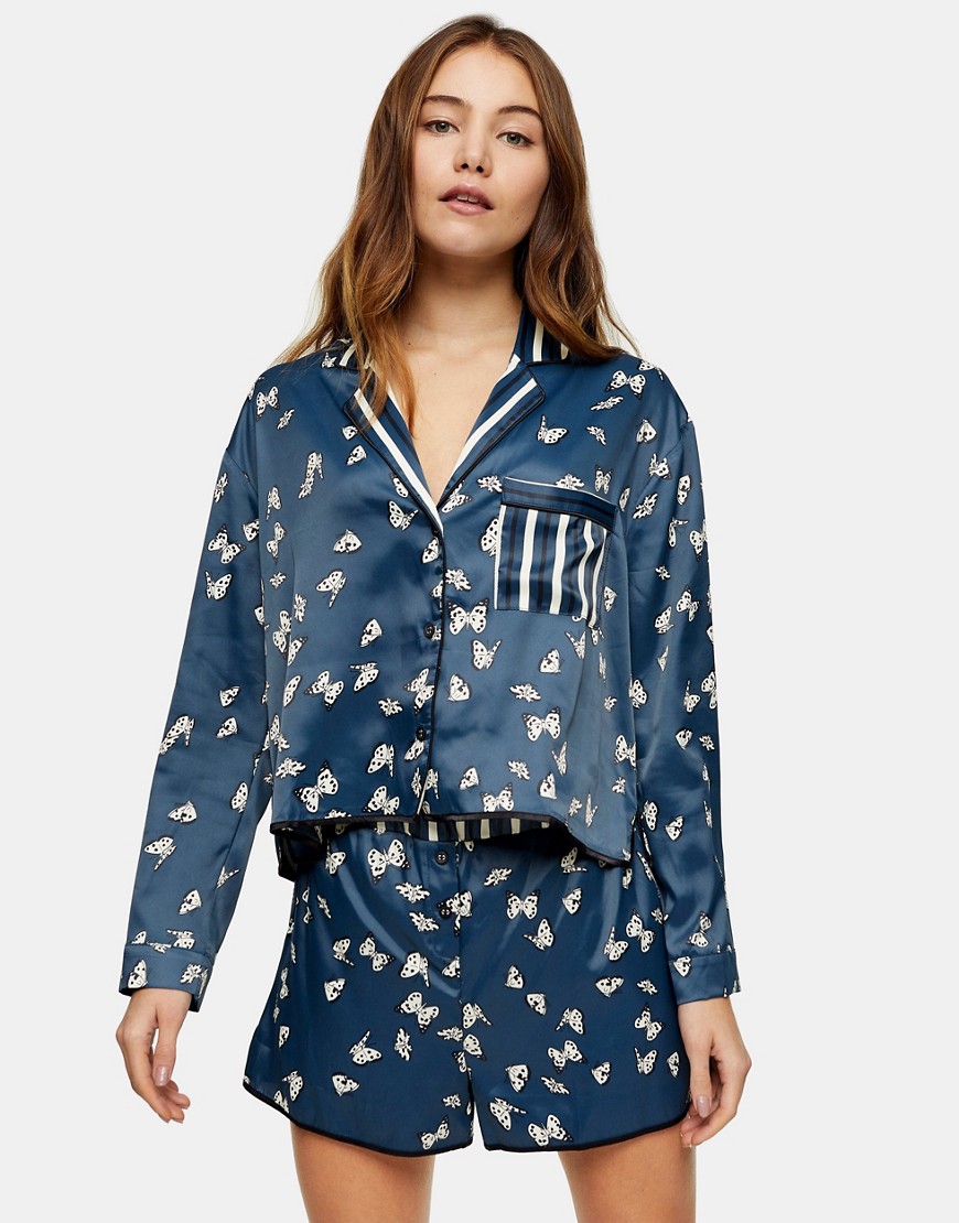 Topshop - Satijnen pyjamaset in marineblauw met vlindertjes