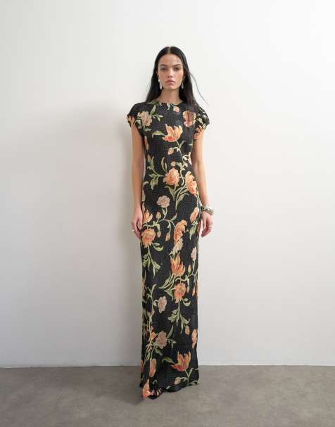 Topshop satijnen stippenjacquard maxi jurk met pofmouw en bloemenprint op zwarte basis - view 1