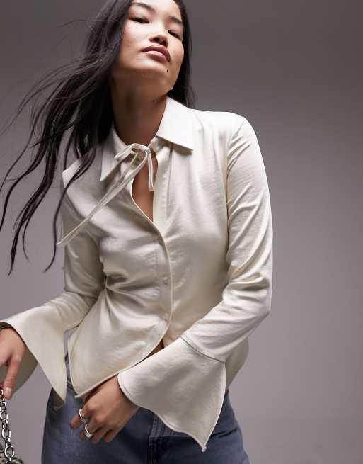 Topshop - Satijnen top met watervalmouw in oesterkleur