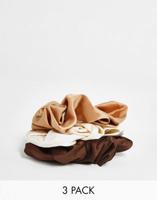 Topshop satin 3 x multipack scrunchie in mixed browns
