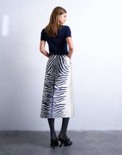 Model wearing Satin a line midi skirt in mono zebra print