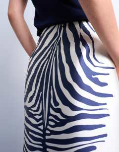 Model wearing Satin a line midi skirt in mono zebra print