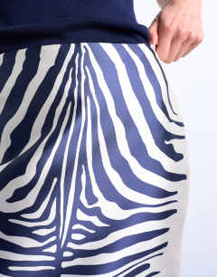 Model wearing Satin a line midi skirt in mono zebra print