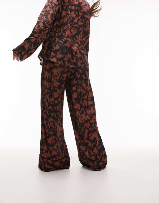 Topshop satin abstract print piped shirt and pants pajama set in chocolate , 2 of 4
