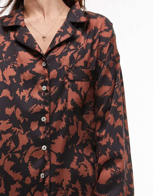 Topshop satin abstract print piped shirt and pants pajama set in chocolate , 3 of 4