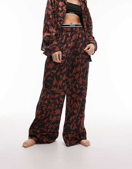 Topshop satin abstract print piped shirt and pants pyjama set in chocolate , 4 of 4