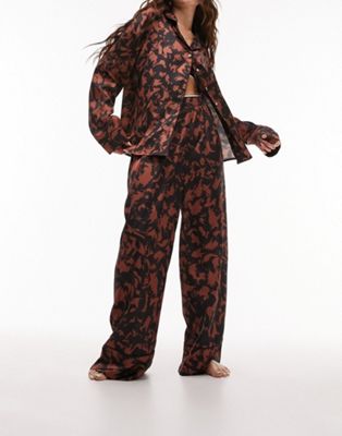 Topshop satin abstract print piped shirt and trouser pyjama set in chocolate