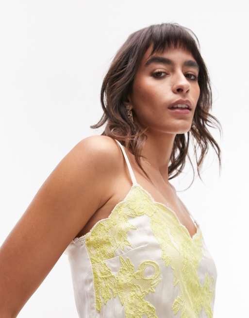 Topshop satin and lace cami midi dress in ivory and lime