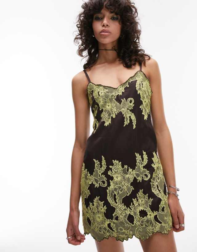 Topshop - satin and lace cami mini dress in chocolate and lime