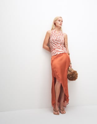 Topshop Satin And Lace Hanky Hem Midi Skirt In Red