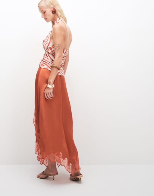 Topshop satin and lace hanky hem midi skirt in rust, 3 of 7