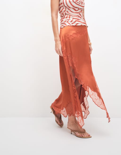 Topshop satin and lace hanky hem midi skirt in rust, 4 of 7