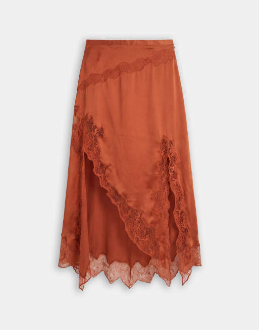 Topshop satin and lace hanky hem midi skirt in rust, 6 of 7