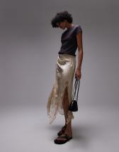 Reclaimed Vintage satin midi skirt with lace trim in buttermilk yellow