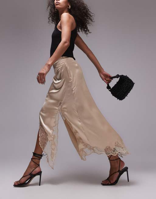 Topshop satin and lace maxi skirt in oyster, 3 of 5