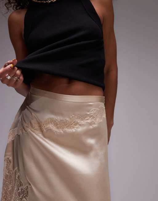 Topshop satin and lace maxi skirt in oyster, 4 of 5