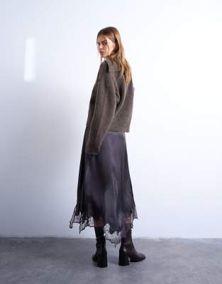 Topshop Satin And Lace Mix Handkerchief Hem Midi Skirt In Black