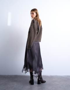 Model wearing Satin and lace mix hanky hem midi skirt in plum