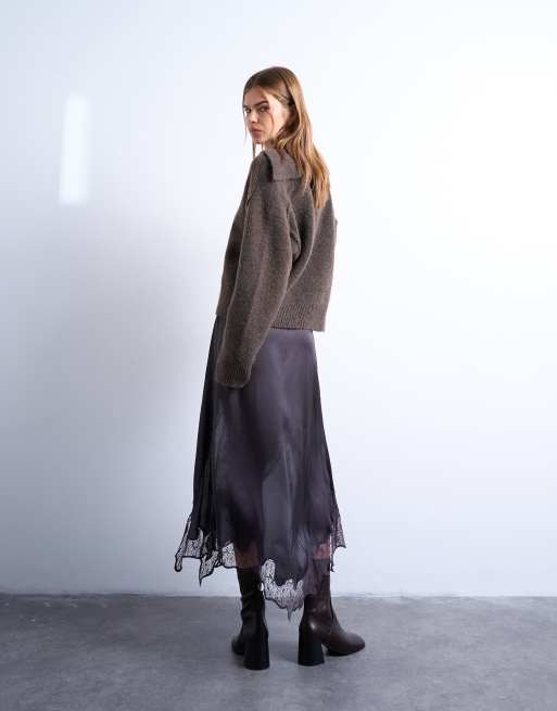 Topshop satin and lace mix hanky hem midi skirt in plum, 2 of 5