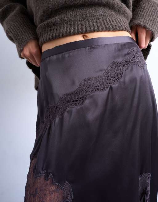 Topshop satin and lace mix hanky hem midi skirt in plum, 4 of 5