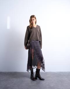 Model wearing Satin and lace mix hanky hem midi skirt in plum