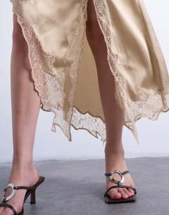 Model wearing Satin and lace mix hanky hem midi skirt in taupe