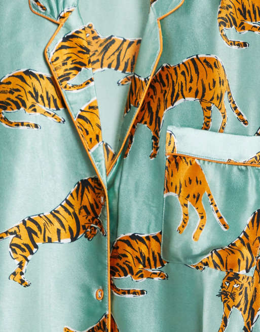 Topshop satin animal print pyjama set in sage green