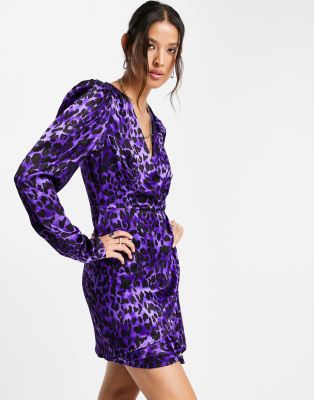 Topshop satin animal wrap mini dress in purple