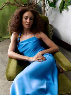 Satin asym beaded neck maxi occasion dress in blue