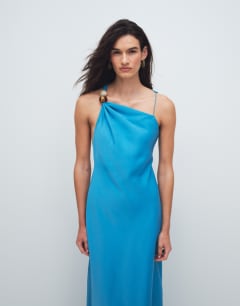 Model wearing Satin asym beaded neck maxi occasion dress in blue