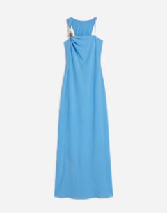 Model wearing Satin asym beaded neck maxi occasion dress in blue
