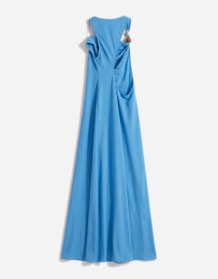 Model wearing Satin asym beaded neck maxi occasion dress in blue